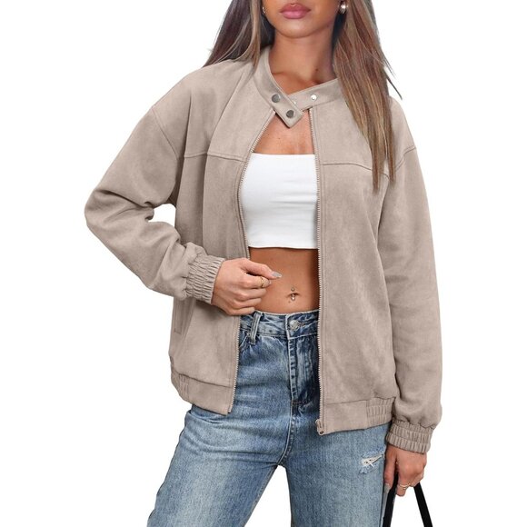 Women Faux Leather Jacket Oversized Suede Apricot Bomber Coat Fall Winter Outfit - Picture 2 of 4